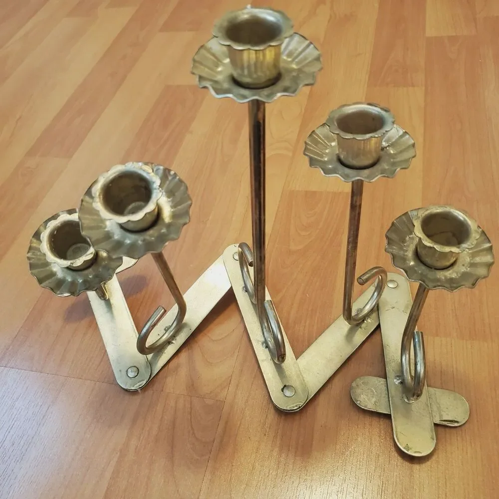 Vintage Accordian Style Candelabra Gold Tone Metal 5 Taper Candle Holder READ